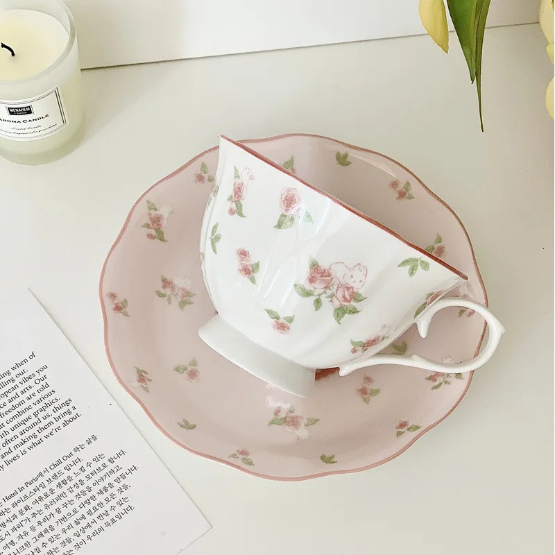 French Pink Rabbit Print Vintage Coffee Cup and Saucer Set Ceramic Cup Cute Girls Afternoon Tea Dim 