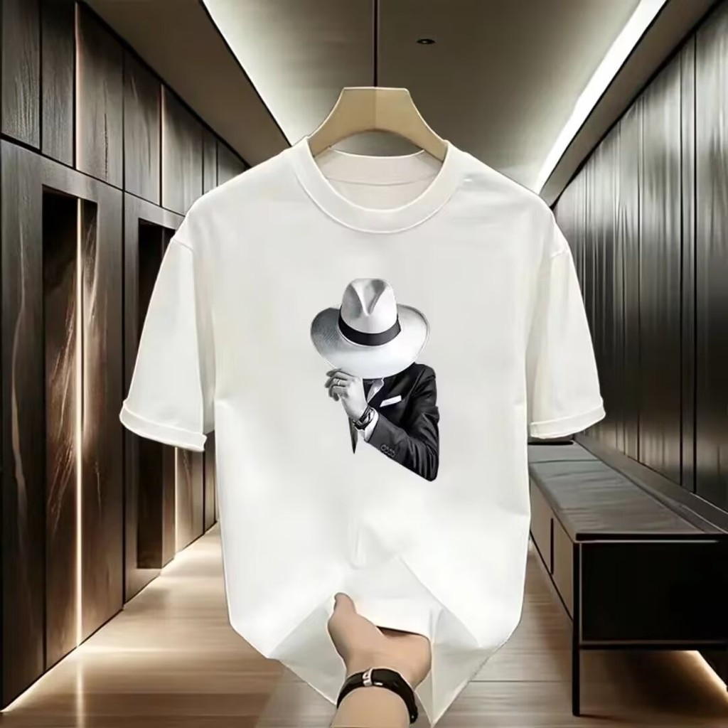 COD 2025 Trendy Brand Ins Short Sleeve T-Shirt Men 2024 Summer New Yawning Cat Print Heavy Cotton Co