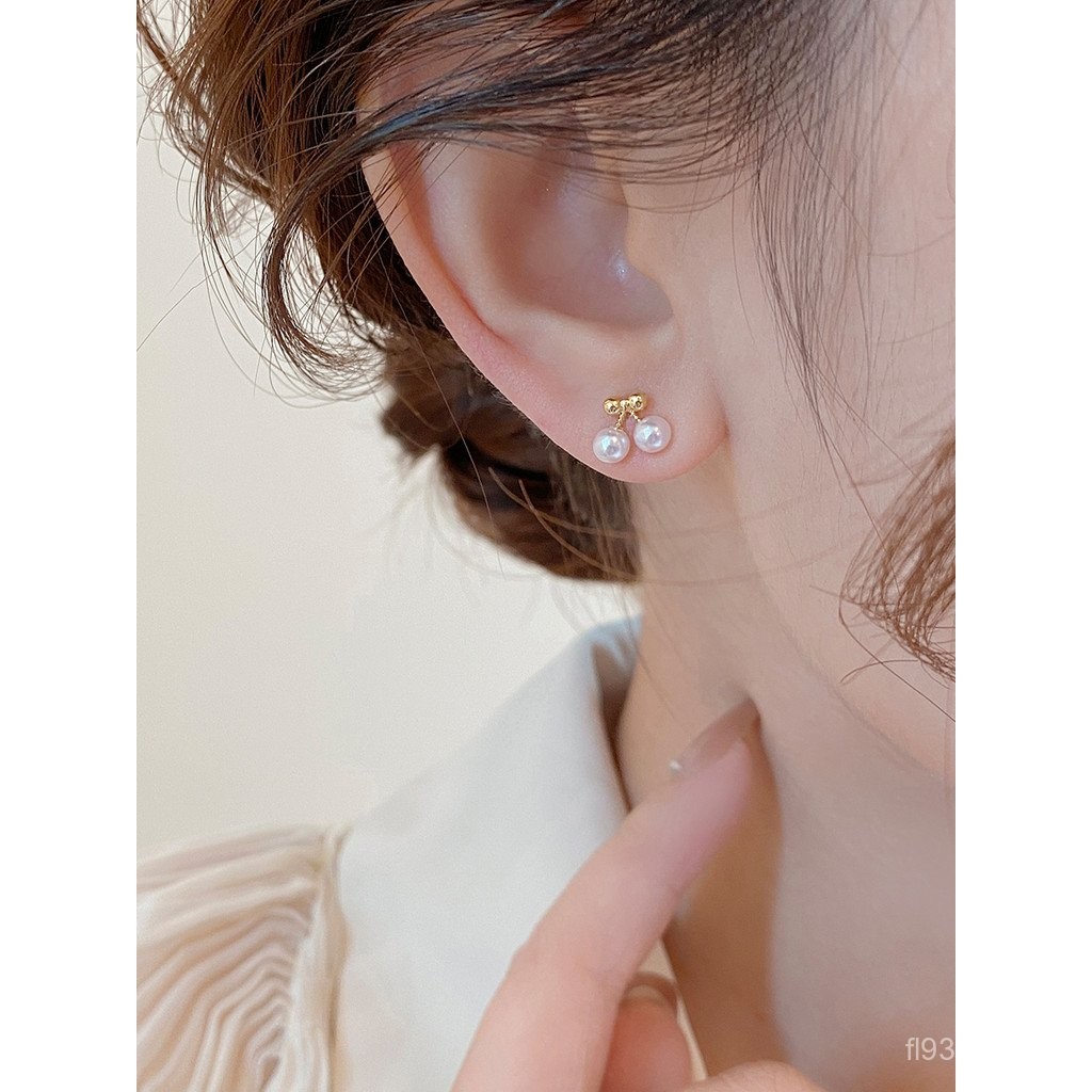 ต่างหูเงินสเตอร์ลิงแบบใหม่ ดีไซน์หรูหราสไตล์มุกเชอร์รี่ พร้อมสร้อยคอขนาดเล็ก 7PTH