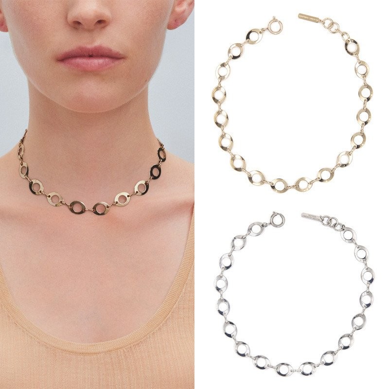 Justine ผู้หญิงสไตล์ใหม่ 22 คอสั้น Hollow Glossy Chain Clavicle Chain choker สร้อยคอโลหะทองเงินสี CK