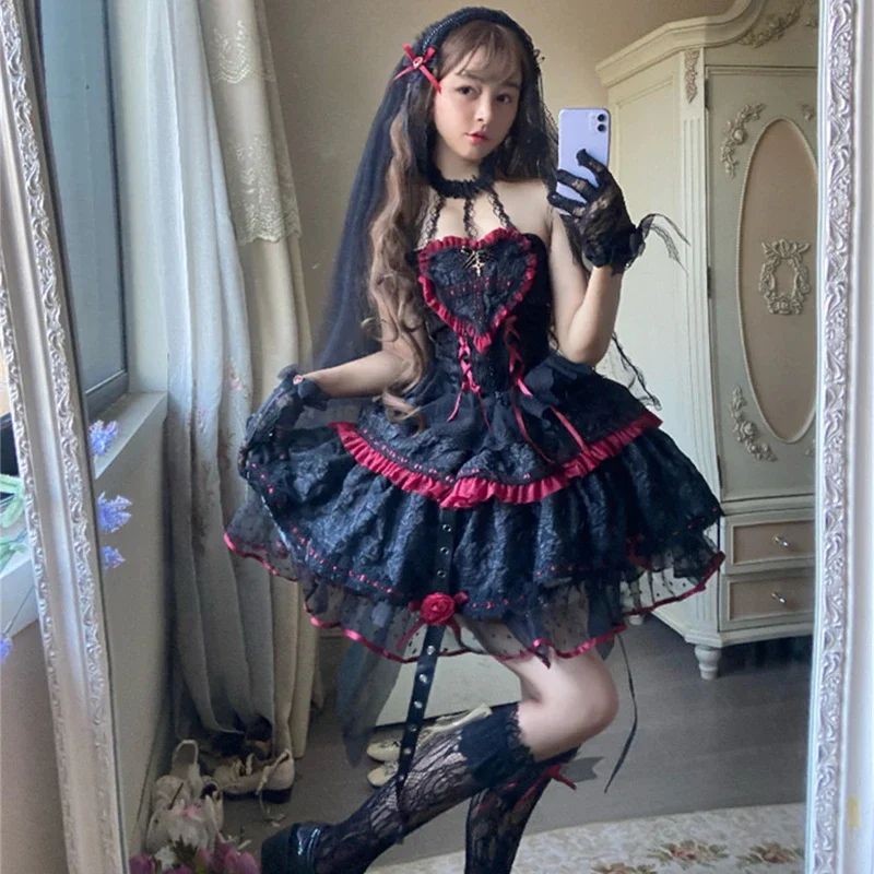 Dark Gothic Lolita สไตล์ชุด Victorian ผู้หญิงลูกไม้ Halter คอผ้าพันคอรัดตัว Jsk ชุดแฟชั่นญี่ปุ่น Hol
