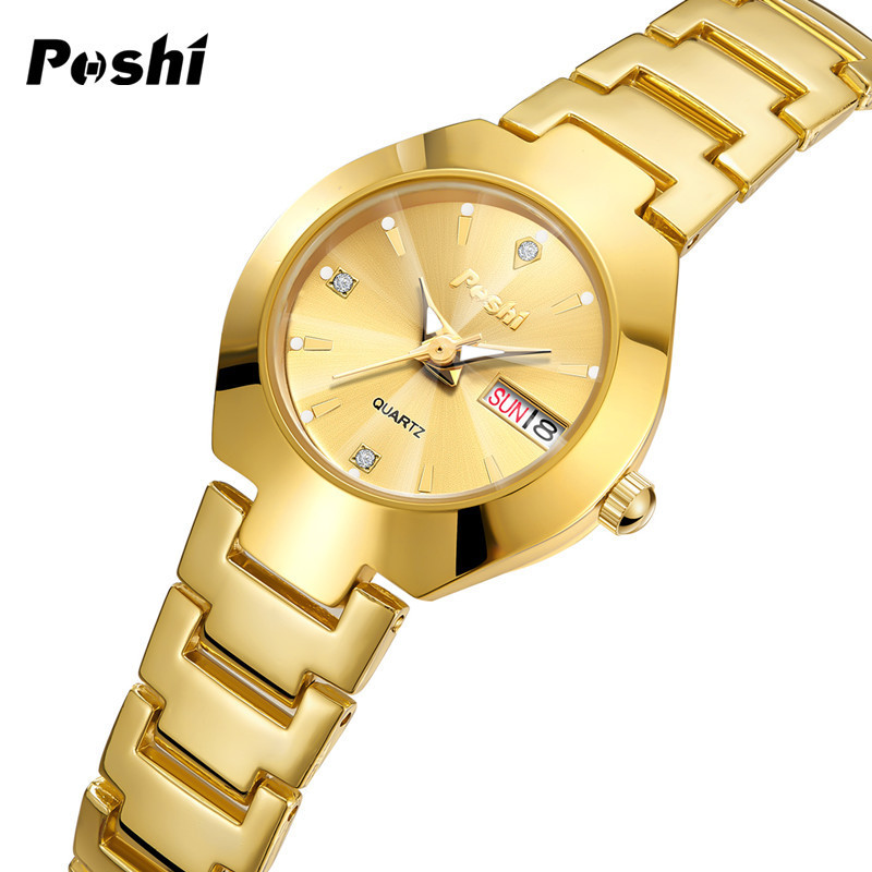 POSHI手表女生时尚潮流防水夜光简约气质钢带双日历石英表女watch