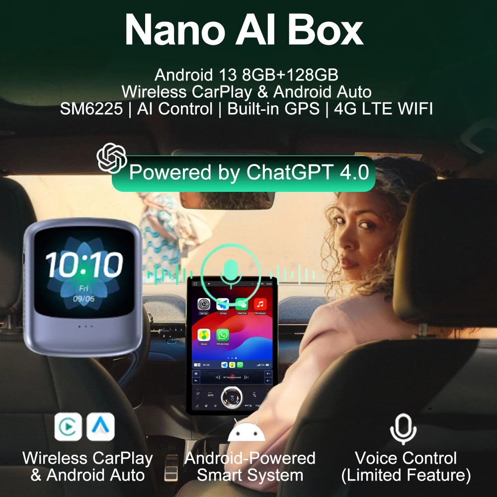 Nano Android 13 8G + 128G Wirelss Android Auto Carplay AI BOX การควบคุมด้วยเสียง QCM6225 กล่องทีวีสํ