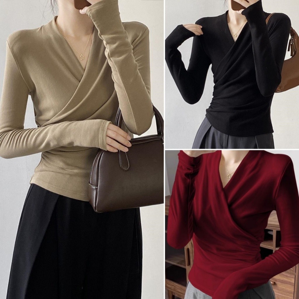 Hotgirl พร้อมส่ง เสื้อยืดคอวีแขนยาวผู้หญิง ดีไซน์จีบไขว้สุดทันสมัย มีหลายสีให้เลือก ทรงสลิมฟิต สวมใส่สบาย สไตล์ฝรั่งเศส