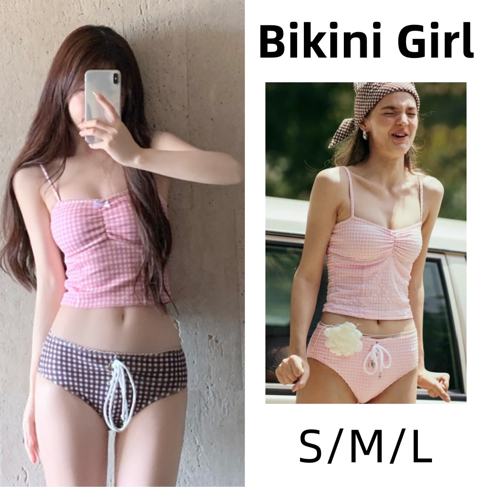 ชุดว่ายน้ำ ลายสก็อตย้อนยุค เสื้อสายเดี่ยว พร้อมแผ่นรองหน้าอก จับคู่กับกางเกงขาสั้นผูกเชือก เกาหลี ชุดสองชิ้น