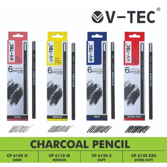 V-TEC CHARCOAL PENCIL TYPE CP 6100 H (HARD) // CP 6110 M (MEDIUM) // CP 6120 S (SOFT) // CP 6130 EXS
