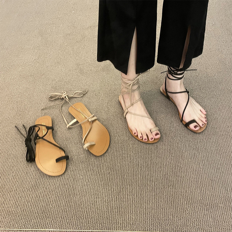 Lace-Up Thailand kuudoo รองเท้าแตะผู้หญิงฤดูร้อน French Niche LACE-Up Roman Bohemian Beach รองเท้าส้