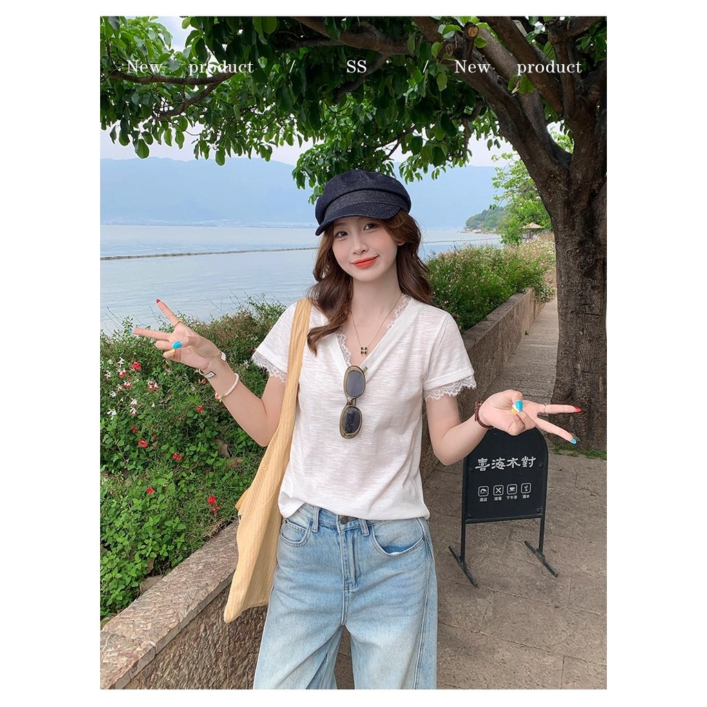 GAKKI เสื้อยืดทรงหลวมคอวีแขนสั้นลูกไม้ผู้หญิง เสื้อยืดผ้าไหมน้ำแข็ง ฟรีไซส์ รุ่น U215#