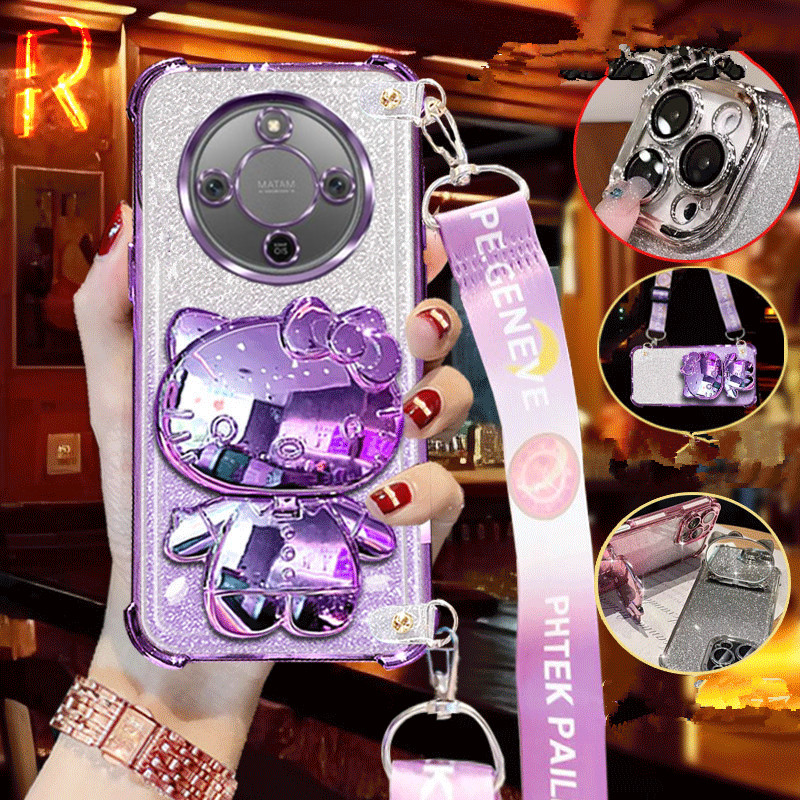 เคสโทรศัพท์สําหรับ Honor X9d X7d X6c 400 สมาร์ท 5G 4G Handphone Casing 3D สีชมพู KT Cat Mirror Stand