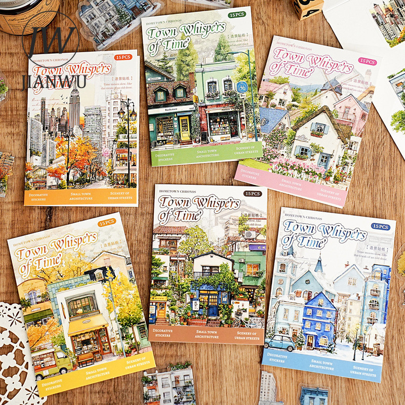 JIANWU Small Town Time Series Vintage House Tree ภูมิทัศน์วัสดุ Collage PET สติกเกอร์ Creative DIY Journal เครื่องเขียน - รูปที่ 2