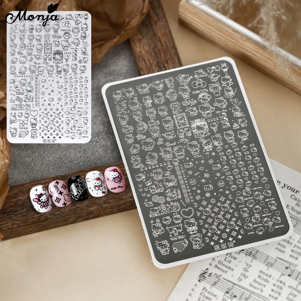 Monja เล็บแม่แบบเหล็กแผ่น Hello Kitty Stencilคริสต์มาสการ์ตูนดอกไม้ผีเสื้อ Bownotลูกไม้หัวใจTransfer