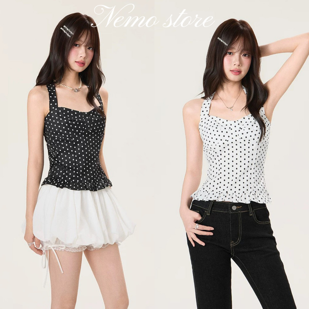 Nemo store🌸#FY2257 เสื้อคล้องคอ น่ารักมาก ลายจุดสีขาวดำใส่สบาย เสริมฟองน้ำในตัว