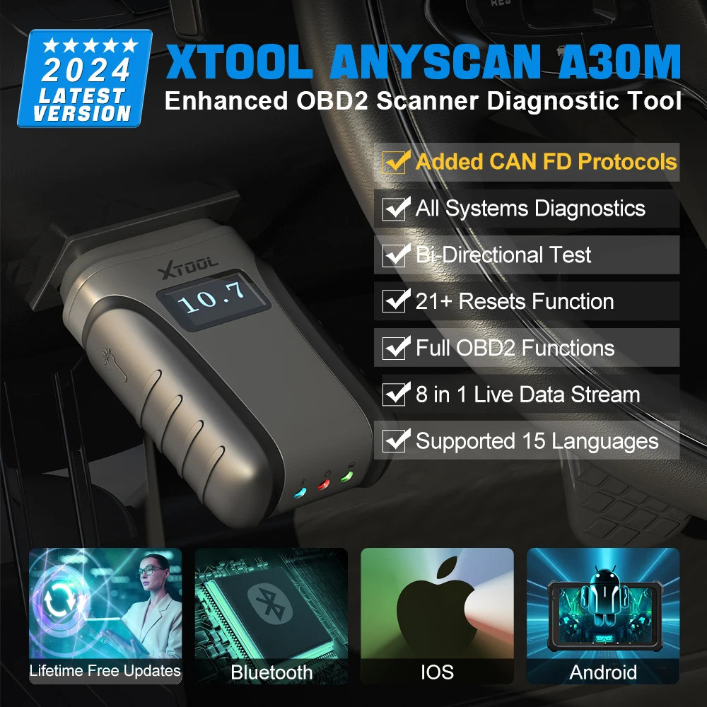 2025 XTOOL A30M บลูทูธ OBD2 เครื่องมือวินิจฉัยเครื่องสแกนเนอร์ระบบเต็มรูปแบบพร้อม CAN FD, 21 ฟังก์ชั