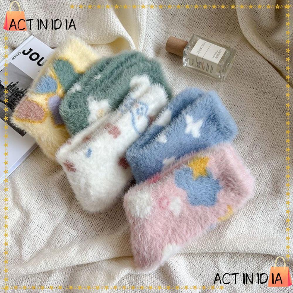 ACTIINIDIA ถุงเท้าท่อกลาง, Soft Plush Keep Warm Mink Velvet ถุงเท้า, น่ารัก Thicken ดอกไม้ลายหัวใจถุงเท้านอนผู้หญิง