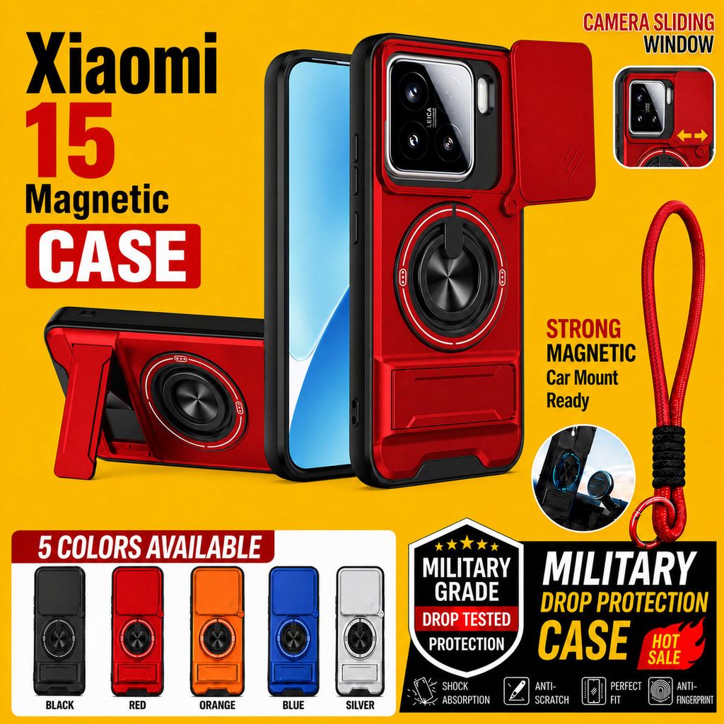 เหมาะสําหรับ Xiaomi 15 15A 15Pro 15Ultra 14T 5G เคสโทรศัพท์แม่เหล็กที่แข็งแกร่งพร้อมเชือกเส้นเล็ก 360° ที่วางขาตั้งแหวนติดรถยนต์ป้องกันเลนส์กล้องกันกระแทกฝาครอบป้องกัน
