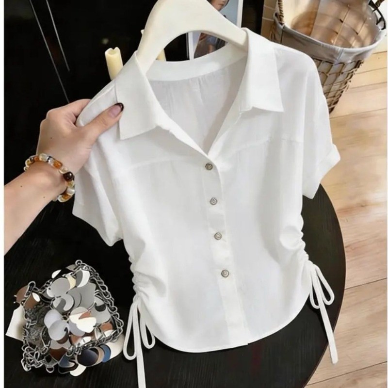 เสื้อยืดผู้หญิงฤดูร้อนใหม่โปโลสลิมมิ่งปุ่มแฟชั่นที่เรียบง่ายหลวมสบายๆอารมณ์เสื้อ