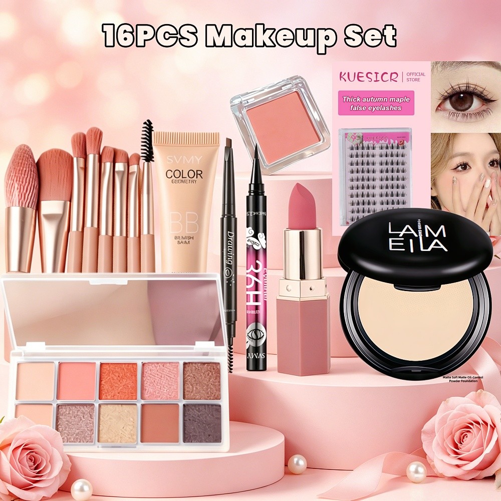 COD Makeup Set ชุดเครื่องสำอาง 16 ชิ้นมือใหม่วางแผนแต่งหน้า BB ครีม ดินสอเขียนคิ้ว อายไลเนอร์ ลิปสติก แป้งผสมรองพื้น