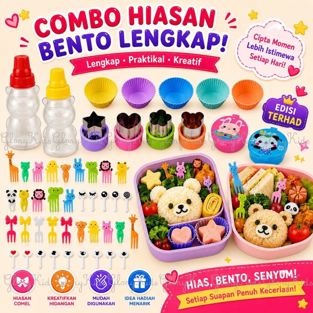 Combo Acuan ชุด Bento อุปกรณ์เสริม Bekal Makan Comel Bento เด็กกล่องอาหารกลางวัน Alat Hiasan Bento ส