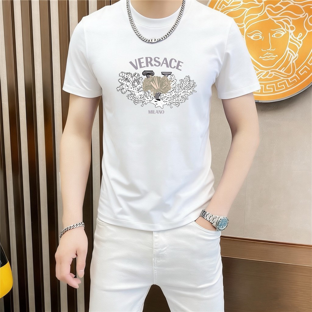 Versace/Versace 2026 คลาสสิกรอบคอแขนสั้นเสื้อยืดผู้ชายผู้หญิง High-End Co-Branded Two-Line Slim-Fit 