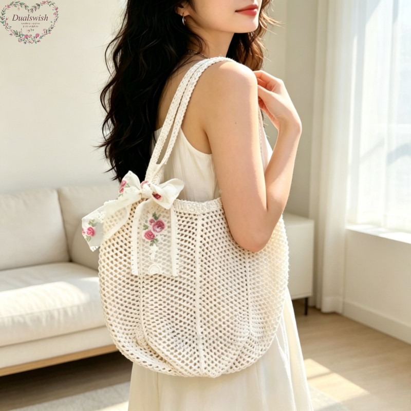 Dualswish Handmade Hollow ทอ Tote Bag ความจุขนาดใหญ่กระเป๋าสะพายขี้เกียจดอกไม้ Bow Decor Straw Bag Casual Beach Vacation กระเป๋าสะพายไหล่เดี่ยวสําหรับผู้หญิงทุกวันเดินทางกลางแจ้ง