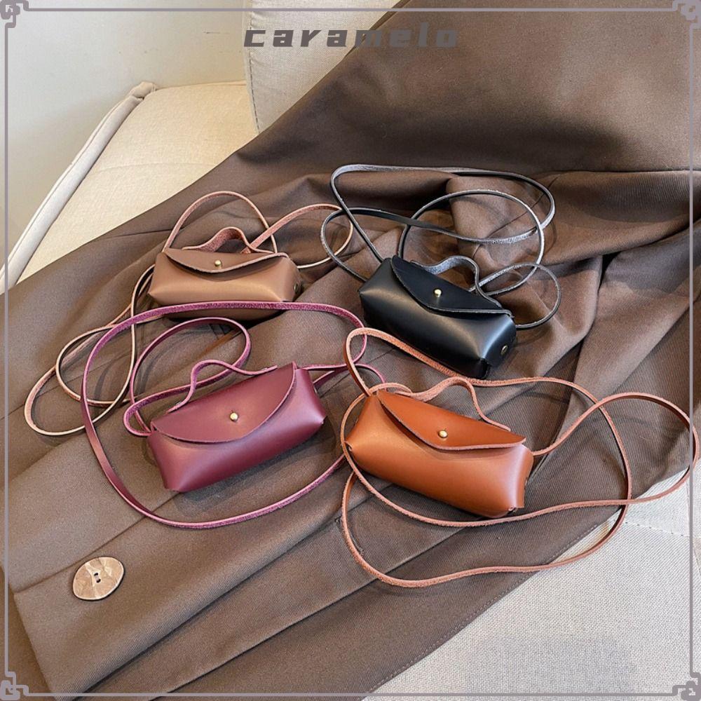 กระเป๋าใส่เหรียญ CARAMELO, กระเป๋าสะพายข้างขนาดเล็กแนวนอน, กระเป๋าลิปสติกสีทึบหนัง PU ย้อนยุค