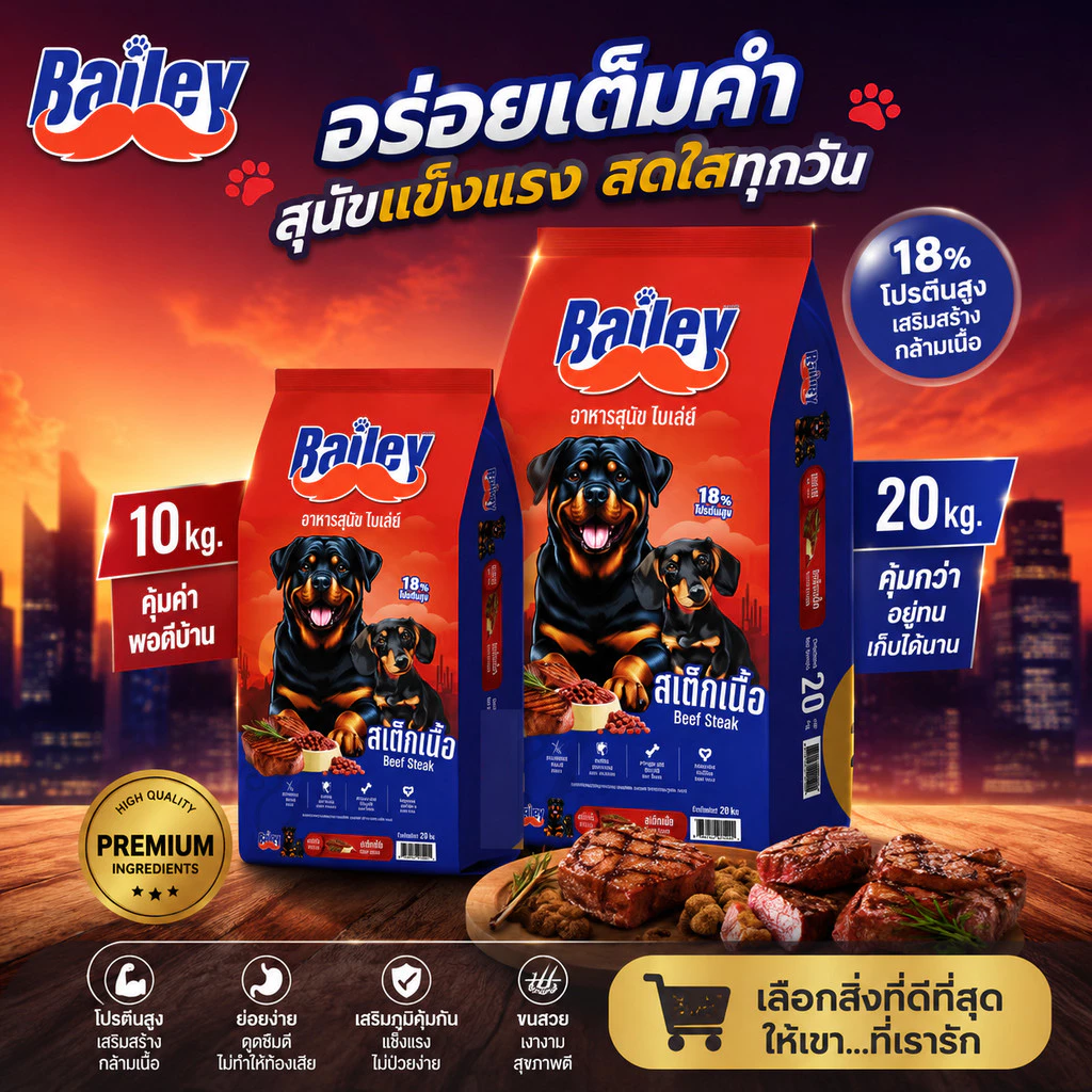 Bailey Dog ไบเล่ย์ ด็อก อาหารสุนัขรสสเต็กเนื้อ 10kg. - 20Kg