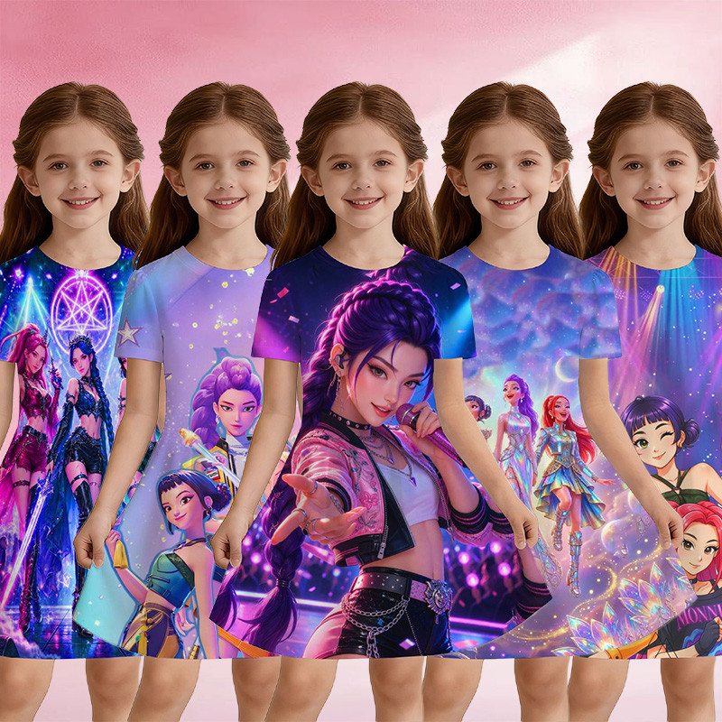 เค-โผล่ ยอดนิยมสาวกลุ่ม 3-13 ปีสาวแขนสั้นชุดฝันปราสาทท้องฟ้าเต็มไปด้วยดวงดาว3ง พิมพ์เต็มฤดูร้อนเย็นชุดเจ้าหญิงสไตล์หวานแขนสั้นชุด