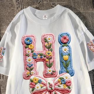 Korean Trend – Kaos Digital Printing Bordir Tshirt Kaos Lengan Pendek Oversize | Motif Ribbon Hi Flowers | Bahan 100% Cotton