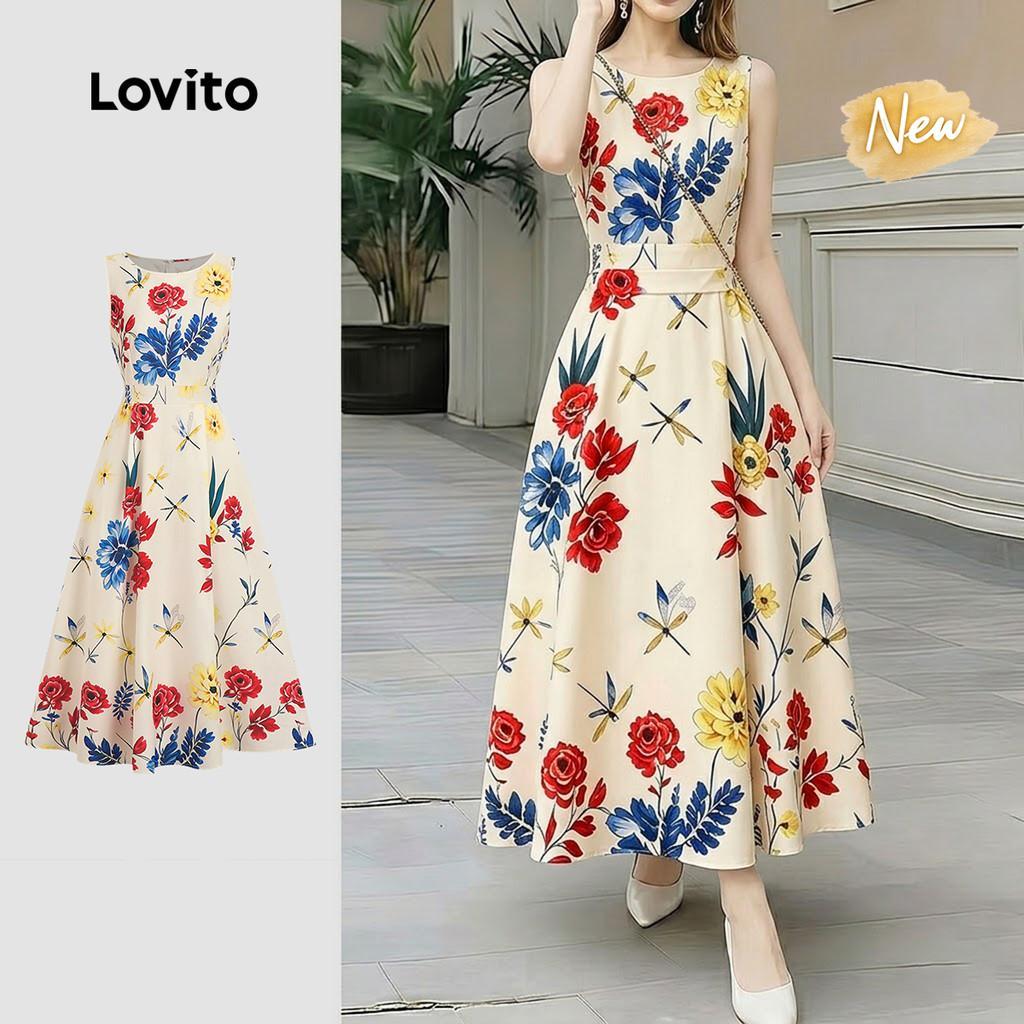 (New Arrival) Lovito เดรสลายดอกไม้สไตล์รีสอร์ทสบาย ๆ สําหรับผู้หญิง L196ED190