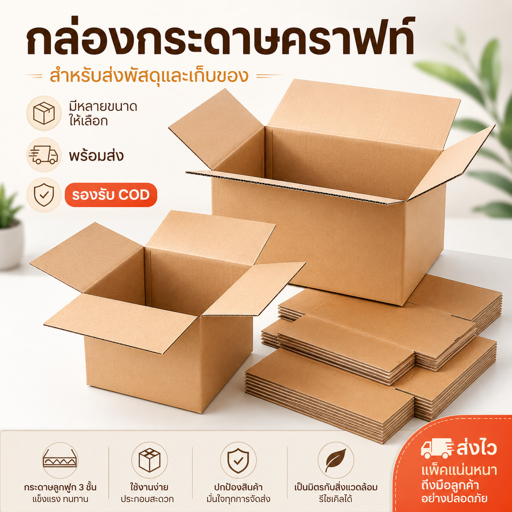 กล่องกระดาษคราฟท์ สำหรับส่งพัสดุและเก็บของ มีหลายขนาดให้เลือก สินค้าพร้อมส่ง รองรับเก็บเงินปลายทาง COD