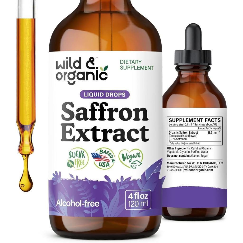 Wild Organic Saffron Drops-88.5mg Saffron Extract Drops, ใช้ปรับปรุงอารมณ์, Concentrate, ปกป้องดวงตา