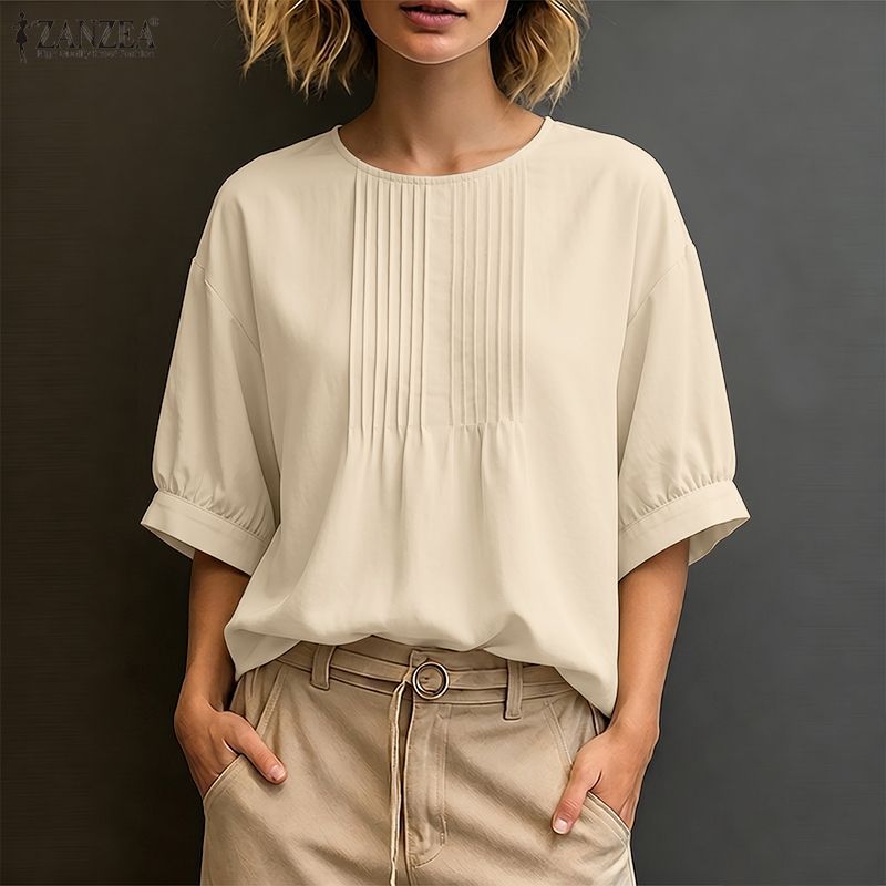 ZANZEA ผู้หญิงวินเทจ Minimalist Casual คอกลม 3/4 แขนโคมไฟ Pleats หลวมสีทึบเสื้อ — صورة 4