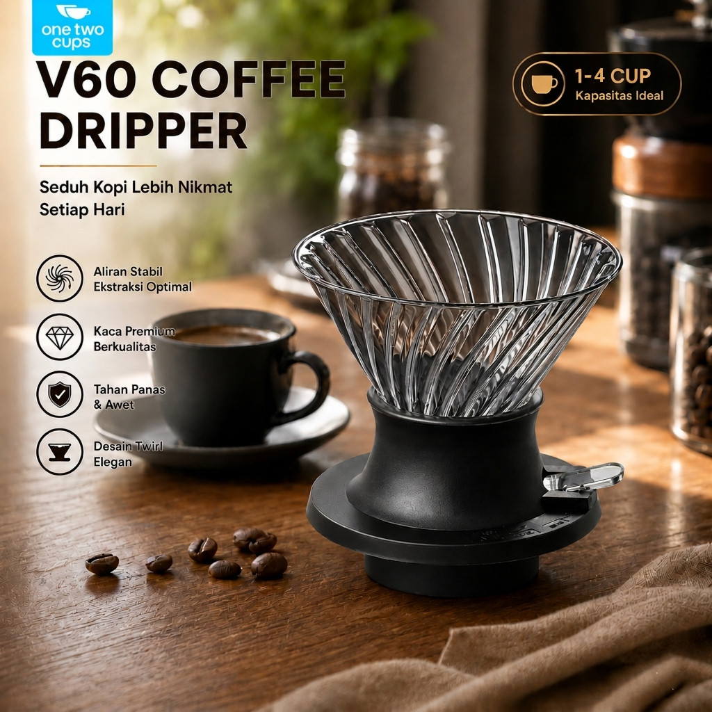 One Two Cups V60 Coffee Dripper Manual Glass Coffee Brewing Tool 1-4 Cups - VD-50R
