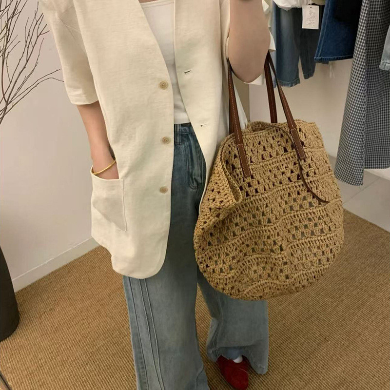 Big Bag Retro Shoulder Straw Tote Bag Summer Seaside Vacation Bag