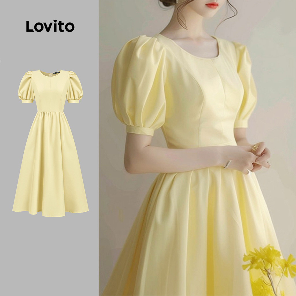 (สง่างาม) Lovito เดรสผู้หญิงสีฟ้าสําหรับฤดูใบไม้ผลิ/ฤดูร้อน ทรงพลีทและโครงสร้างเส้น L171ED434