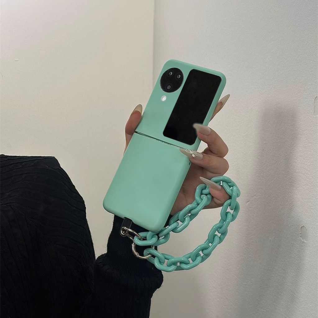 Ins Fresh Simple Korean Mint Green Phone Case with Bracelet Chain for OPPO Find N3 Flip Find N2 Flip
