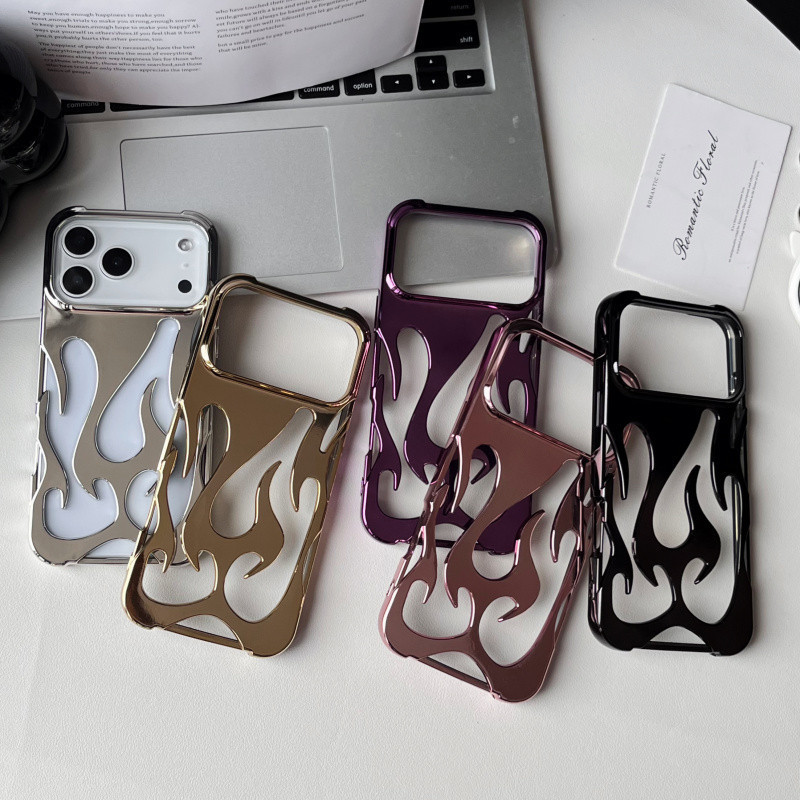 เคสไฟฟ้าลายเปลวไฟกลวง 3D สําหรับ iPhone 11 12 13 14 15 16 17 Pro Max Plus ปลอกสีทึบเรียบง่ายป้องกันการตกปกอ่อนสําหรับเคส iPhone13