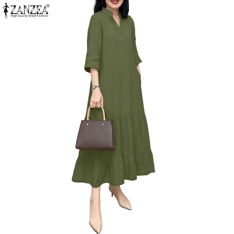 ZANZEA ชุดเดรสรัดรูปสไตล์เกาหลี คอตั้ง 3/4 แขน Ruffles Hem ทรง A-line