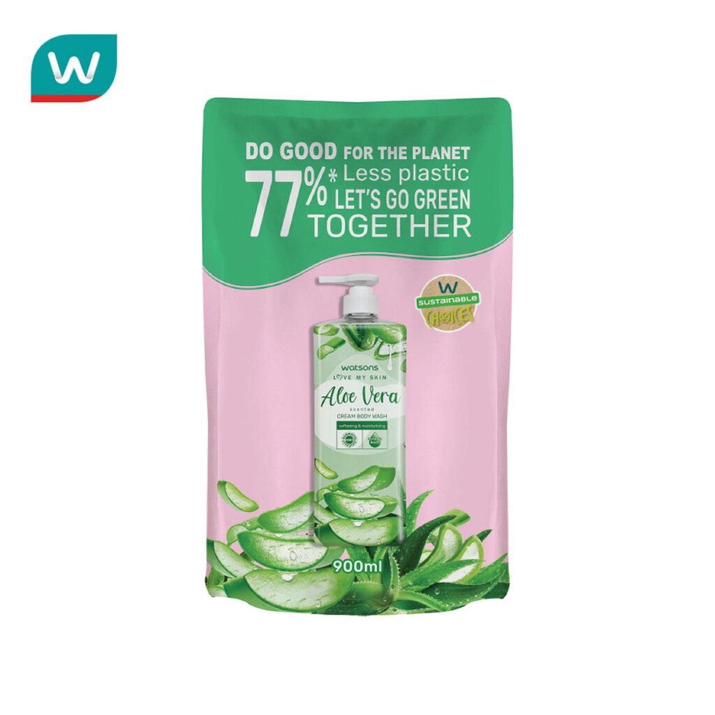 Watsons วัตสัน เลิฟ มาย สกิน อโลเวร่า เซ็นทิด ครีม บอดี้ วอช 900มล.(รีฟิล)