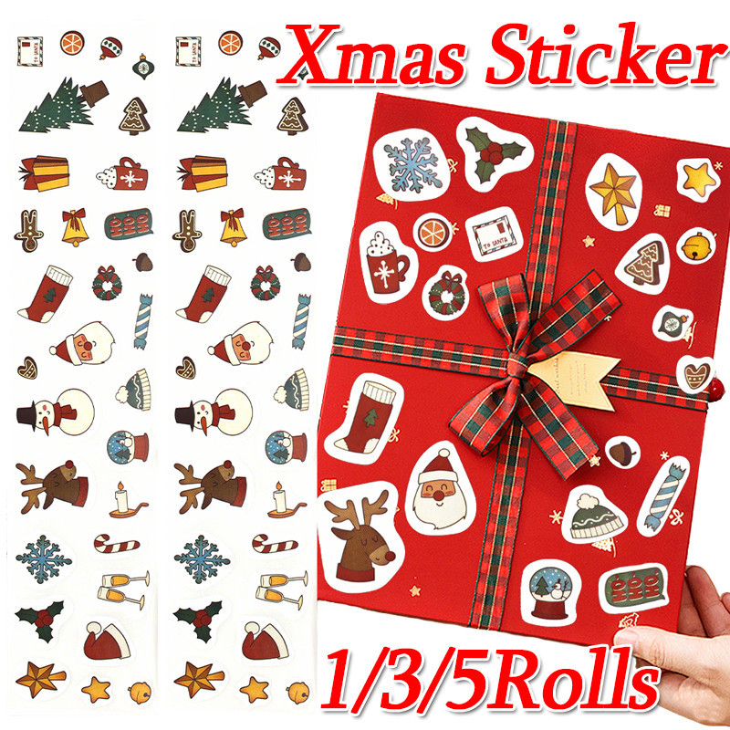 1/3/5 ม้วนสติกเกอร์คริสต์มาส / เทปฉลากกาวในตัวคริสต์มาสสําหรับซองจดหมายตกแต่งห่อของขวัญ