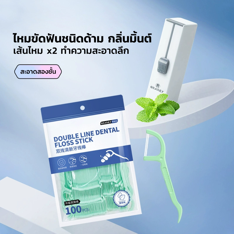 GRAREY ไหมขัดฟัน 2 ชั้น ด้ามไหมขัดฟัน แพ็ค 100 ชิ้น ไหมขัดฟันพร้อมไม้จิ้มฟัน พร้อมกล่องเก็บแบบพกพา ราคา ถูกที่สุด ดีลบีเคเค แกลเลอรีภาพที่ 2