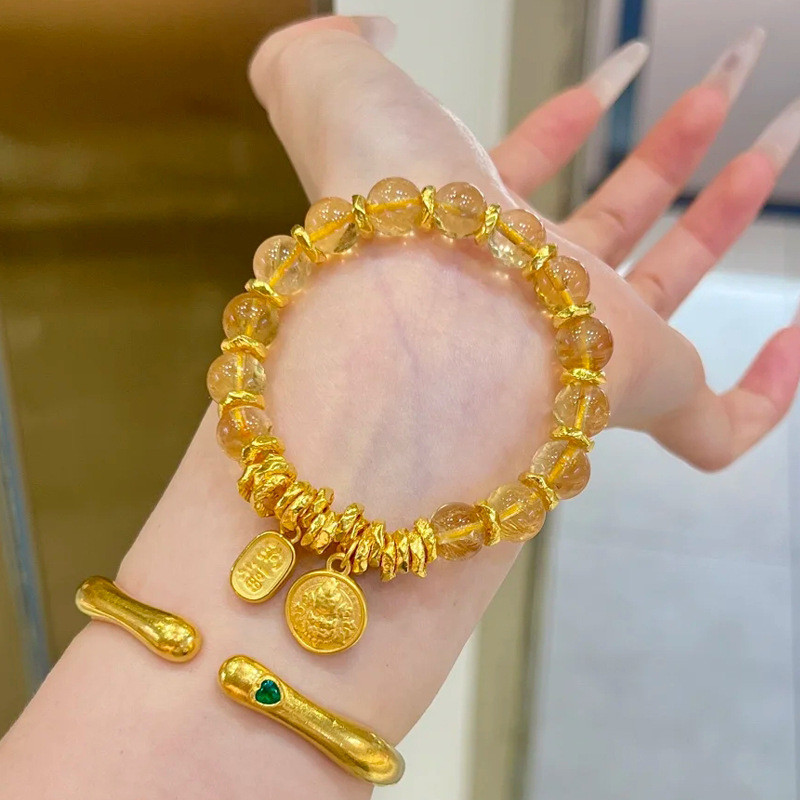 New Chinese Style Yellow God of Wealth Coiled Bracelet Light Luxury New Niche Design Wealth-Attracting Fortune Crystal Bracelet