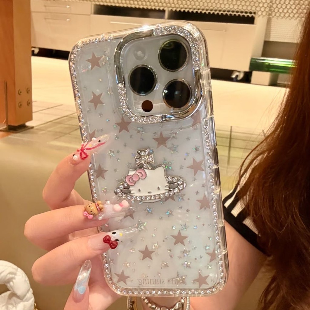 3D Planet Glitter KT Cat เคสโทรศัพท์สําหรับ iPhone 16 Pro Max กรณี 15 Sparkling Diamond Stars เคสโทร