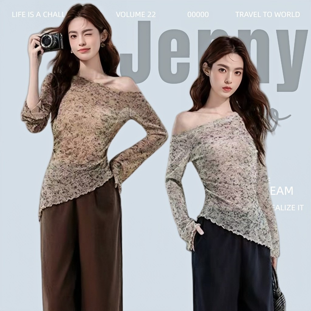 JENNY พร้อมส่ง เสื้อยืดผู้หญิง เสื้อปาดไหล่แขนยาว สีมัดยอม ดีไซน์ปายเสื้อเฉียงเสื้อครอปรัดรูป แฟชั่นเกาหลี สไตล์ลำลอง