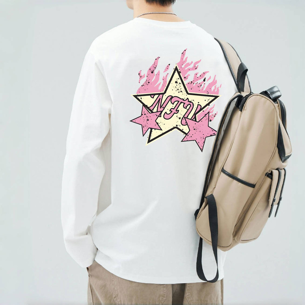 √ √ คอกลมคู่สวมใส่ ins Street Wear ins Street Wear เสื้อยืดแขนยาวผู้ชายหล่อผ้าฝ้ายอเมริกัน High-End 