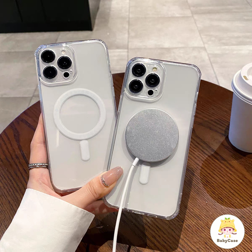 เคสไอโฟน 16 สำหรับ iPhone 17 12 13 11 14 15 ProMax 14 15 8 7 16Plus XR X XS Max 16Pro เคสชาร์จแม่เหล็กสีโปร่งใสเรียบง่าย