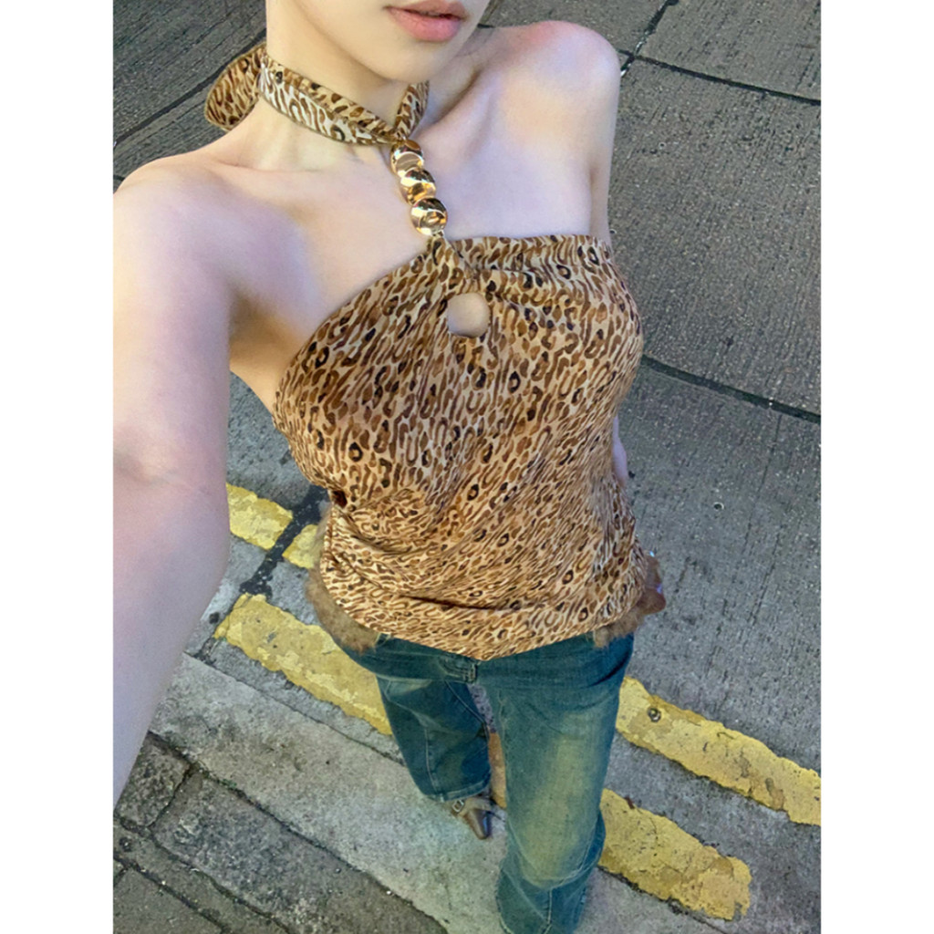 W‌หน้าร้อนของผู้ชาย ‌‌Leopard Cutout Halter Backless Sexy Crop Tank