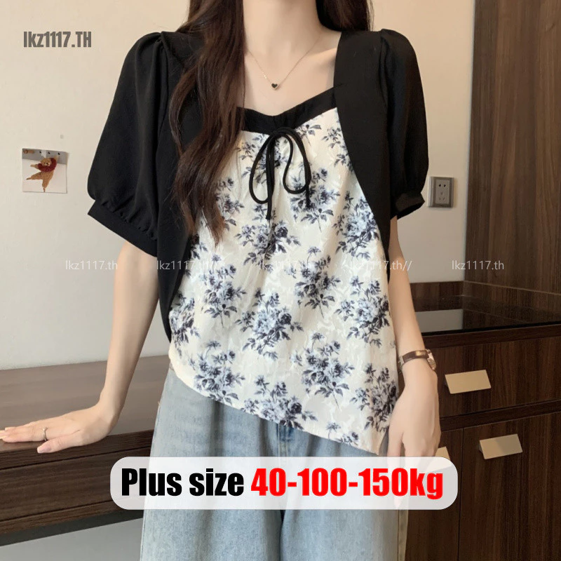 เสื้อเชิ้ตผู้หญิงไซส์ใหญ่ แขนตุ๊กตา ลายดอก ทรงหลวม ผูกเชือก