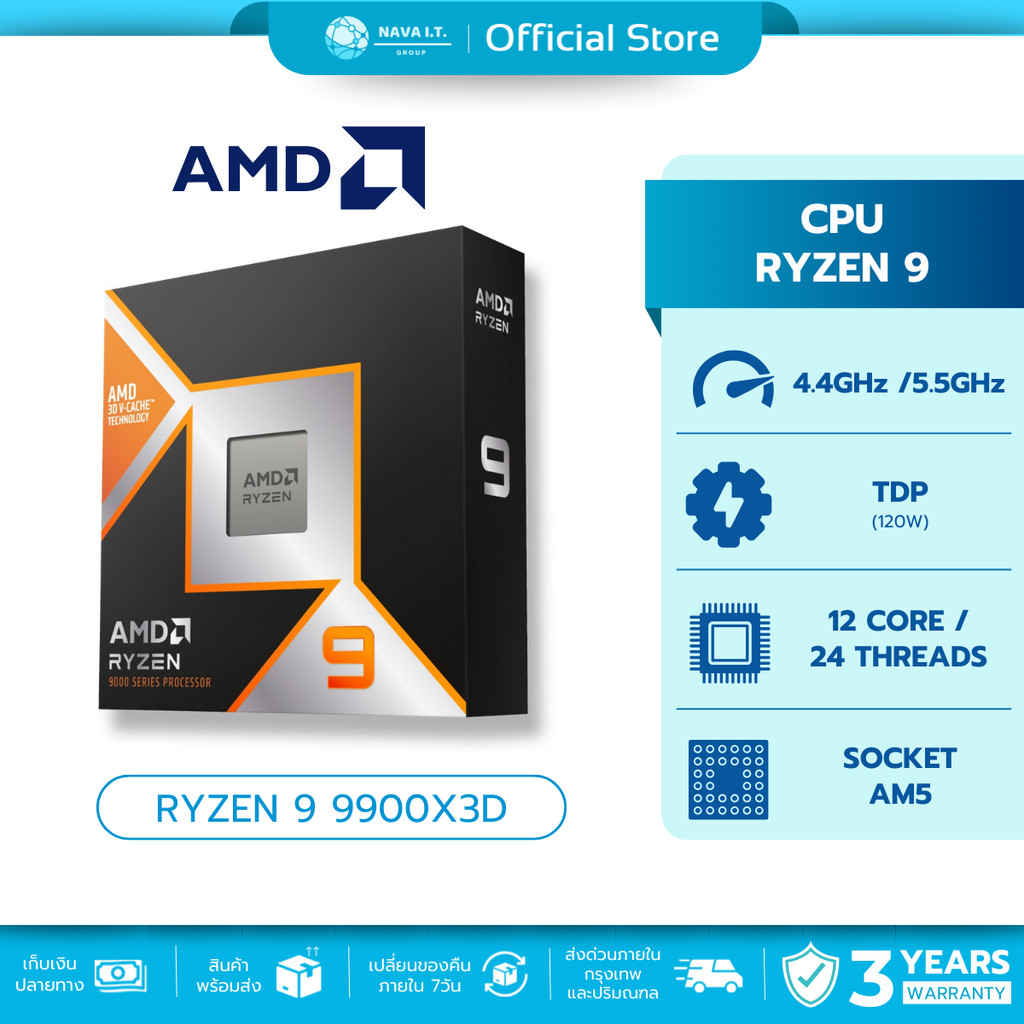 CPU ซีพียู AMD RYZEN 9 9900X3D 12CORES/24THREADS AM5