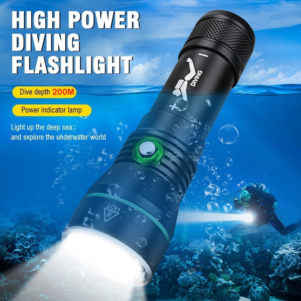 Professional ดําน้ํา P70 3000LM LED ไฟฉายดําน้ํา Super Bright IPX8 ไฟฉายกันน้ําใต้น้ํา 200M Spearfis